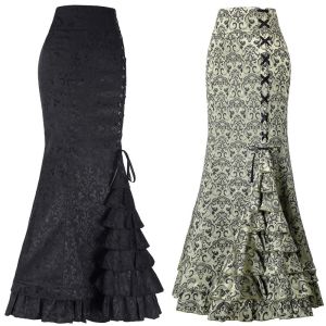 Klänningar kvinnor mode punk stil retro jacquard sjöjungfru kjol halloween gotisk viktoriansk steampunk lång bodycon ruffle fishtail tiered