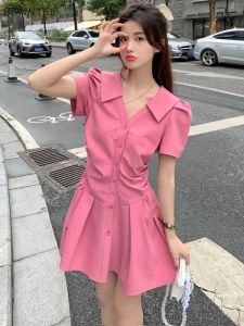 Dress Dresses Women Solid Fashion Leisure Folds Candy Color Sweet Aline Students Charming Fit Japanese Style Vneck Simple Daily Chic