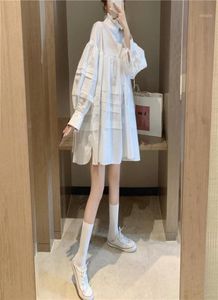 Vintage plisowane stojaki kołnierz Lantern Sueve Babydoll Dress Kawaii Spring Autumn Women Aine Plus Size Ruffle Krótki White7574670
