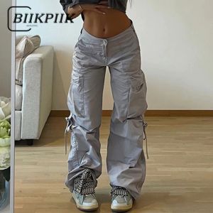 Jeans Biikpiik Solids Casual Cargo Jeans Botão de zíper Bolsetes Denim calças de rua hippie Vintage LOGADA MULHERES MULHERAS MAIS