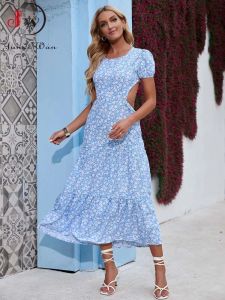 Kleid Rückenfrei Boho Strand Langes Kleid Damen Sommer Kurzarm Blumendruck Sommerkleid Urlaubskleidung