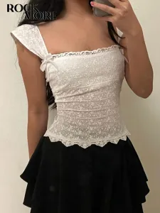 Camis rockmore branco laço tanque superior feminino laço camis y2k estilo japonês sem mangas colheita topo kawaii lado zip up mini coletes coreano