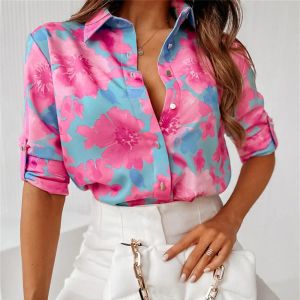 Shirt Fashion Cherry Blossom Powder Print Shirt Women's Korean Flower Blouse Elegant Spring Polo Long Sleeve Single Breasted Office