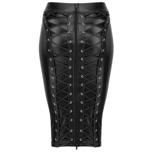 Kjol pu läder kjol upp blixtlås bandage bodycon faux läder 2021 back spets kvinnliga damer knä längd våt look plus size svart stil