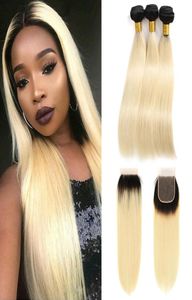 9A Brazilian Virgin Hair 1B613 Ombre Blonde Bundles with Closure Straight Dark Roots Blonde Hair Weaves with 44 Part Lace C9763311