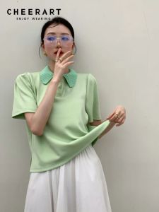 Skjortor Cheerart Green Puff Sleeve Short Sleeve Polo Shirt Women Summer 2022 Casual Top Ladies Button Front Short Sleeve Knit Blus