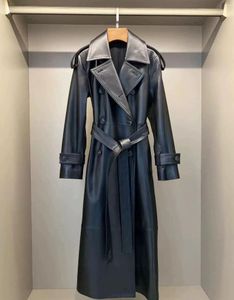 女性の革の本物のリーハージャケット2024秋/冬スタイルのシープスキンカラーは、二重胸のスリムフィットと長いウエストバンドのウィンドブレーカーを備えています