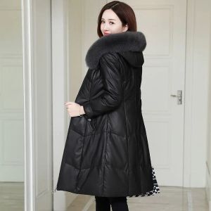 Jackets PU Leather Cotton Coat Female Fashion Ladies Winter Coat Parker Faux Fox Fur Hooded MidLength Black Leather Jacket Outerwear