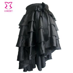 Scapatta vittoriana Black Ruffle Satin Satin Stratolati asimmetici Gonna gotica Gonne da donna con corsetti a vapore e bustier abbinati a prua