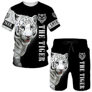 Herrspårar Summer Tracksuit T-shirt Shorts 2 Piece Animal Tiger Printed Outfits Sports Suit Overized Casual Streetwear Man Sets Clothing J240305