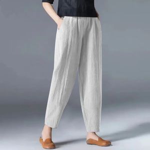 Lös och tunn antikotton Elastisk midja breda benbyxor Retro Art Casual Solid Color Trousers Simplicity Fashion Women Clothing 240305