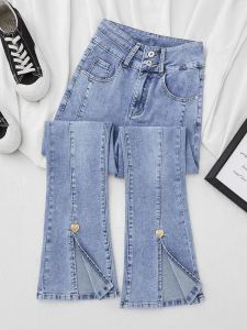Jeans vintage a vita alta con doppio lato diviso con bottoni a cuore pantaloni in denim pantaloni coreani a zampa di denim elasticizzato pantaloni streetwear da donna