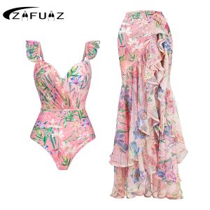 Set 2023 Bikini Floral Ruffled Bikini Set Women 3D Flower High Waist Two Piece Swimsuit Beach Skirt Bathing Suit Swimwear Biquinis