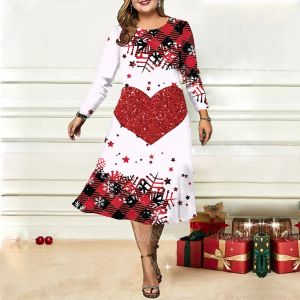 Платье Красное рождественское тематическое платье для женщин с цветным принтом и длинными рукавами, осенне-зимние вечерние платья большого размера, женская одежда