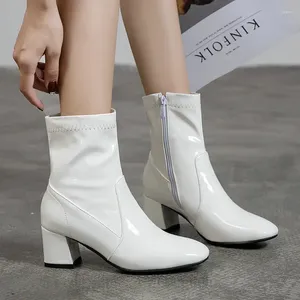 Women Classic Ankle Black for Boots 373 White Block Low Heel Short Lady Patent Leather Shoes Woman Autumn Winter Large Size 3 15