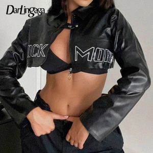 Jaquetas darlingaga streetwear moda grunge zip up preto pu jaqueta de couro feminino carta bordado outono casaco motocicleta jaqueta colheita