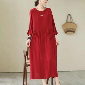 Klänning #6790 Beige Red Vintage Cotton Linen Dress Three Quarter Sleeve Sexig Midi Dress Löst tunn rund nacke hög midja sidofickor