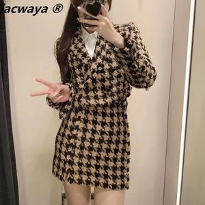 klacwaya tweed set 여자 스커트 여자와 함께 세련된 격자 무늬 정장 가을 가을 하이 웨이스트 자른 블레이저 세트 240226