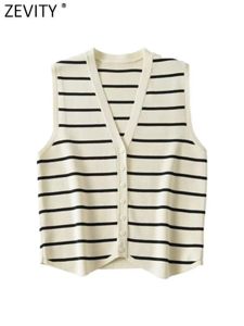 Cardigans zevity nya kvinnor mode v hals ärmlösa randiga mönster stickad väst tröja kvinnlig chic singel breasted cardigan tops sw4789