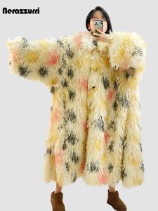 Pelliccia Nerazzurri Inverno Lungo Oversize Colorato Multicolore Shaggy Peloso Caldo Cappotto di Pelliccia Del Faux Delle Donne Allentato Casual Fluffy Cappotto 2023