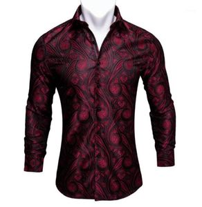 BarryWang Red Paisley Bright Silk Shirts Men Autumn Long Sleeve Casual Flower Shirts For Men Designer Fit Dress BCY0115879463