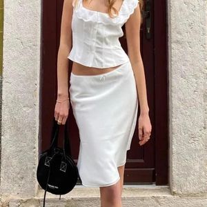 Skirts DEEPTOWN White Satin Long Skirt Women Coquette Low Waist A-line Lace Patchwork Slim Silk Y2k Midi Summer Party