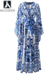 ドレスエアシーンデザイナーファッションサマードレス女性シチリアのブループリント磁器不規則なフレアスリーブエレアグニートマキシパーティー