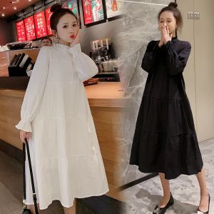 Dresses Long Lantern Sleeve Pregnant Women Loose Cotton Dress Plus Size Stand Collar Maternity Long Loose ALine Dress Black White