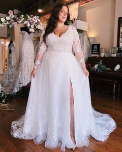 Summer Bohemian Garden Beach Plus Size Wedding Dresses A Line Sheer Long Sleeves V Neck Appliques Bridal Gowns With Split BC18312