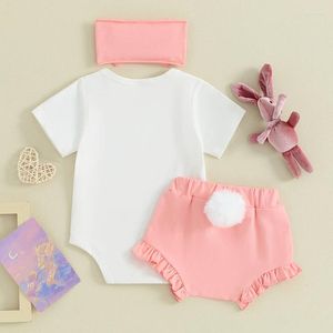 Kläder sätter spädbarn baby flickor påskkläder kort ärm tryck romper ruffle pp shorts med hårband 3 st kläder set