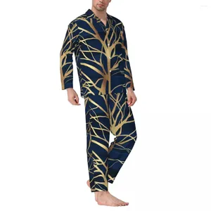 Homens sleepwear linhas de ouro imprimir outono abstrato árvore casual conjuntos de pijama de grandes dimensões masculino manga longa na moda casa impresso nightwear