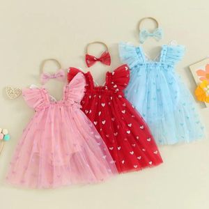 Mädchenkleider Born Baby Valentinstag-Overallkleid mit Schleife, Stirnband, Ärmel, Herzdruck, Tüll-Mesh-Kleidung