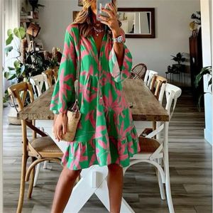 Dress Summer Long Sleeve Midi Dress Women Loose Dress Vintage V Neck Flare Sleeve Floral Boho Dress Bohemian Holiday Party Dress 2023