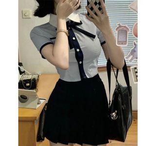 Suits School Girl JK Japan Korean Uniform Twopiece College Style Blue Bow Tie Blouse and Pleated Skirt Suits Women's Summer Student