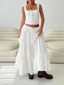 Arbetsklänningar kvinnor 2 bit kjol kostymer blommig tryck snörning korsett tank tops elastiska a-line långa set boho strand kläder estetik y2k