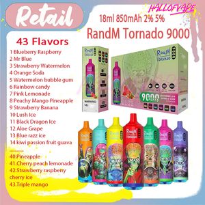 Vendita al dettaglio RandM Tornado 9000 Puff sigarette elettroniche usa e getta 0.8ohm Mesh Coil 18ml Pod Batteria ricaricabile elettronica Cigs Puff 9K 0% 2% 3% 5% RBG Light Vape Pen