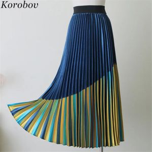Dresses Korobov Blue Yellow Patchwork Shiny Saia Falda Aline Female Skirts Vintage Pleated Silk Mid Women Print Skirt 76958