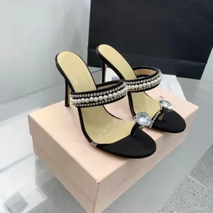 Повседневная дизайнерская мода Женщины Satin Bow Gears Crystal Strappy High Heels Sandals Shoes Muler Slipper Sandalias de Las Mujeres 10 см.