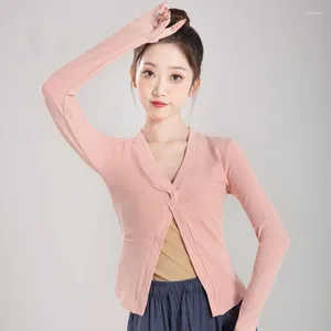 Scen Wear V-Neck Dance Clothes with Cross Design Slant Long Sleeve Ballet Tops Yoga Gymnastics Sports Fitness Women