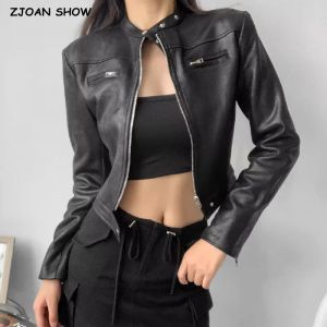 Jackor 2023 American Retro Women Vintage Faux Suede Leather Jacket Full Sleeve Biker Coat Dragkedja Korta Outwear Black Brown