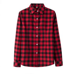 Camisa 2022 nova casual flanela xadrez camisa feminina de alta qualidade manga longa blusas e topos algodão camisas femininas vermelho preto verificar roupas