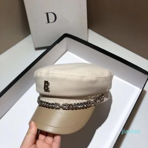 Berets Chapéus Mulheres Moda Chapéu de Marinheiro Strass Corrente Letra Marinha Inverno Ao Ar Livre Algodão PU Couro Flat Cap Boinas