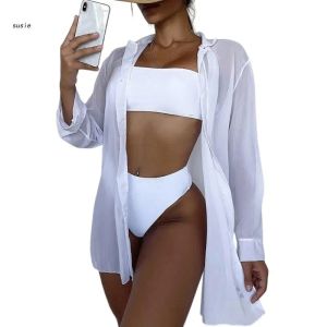 Koszula kobiety bluzki bluzki pokrywki stroju kąpielowego Koszula Sheer Bluzki z długim rękawem Coverps Beach Kimonos Cover Up Bikinis Coverp