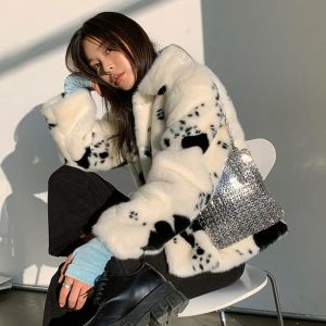 Fur Korean small cow pattern imitation mink fur coat female short thick black and white spotted plush coat