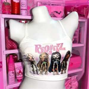 Camis Women Croped 2000s Aesthetic 2022 Summer Y2K Tops Clothing Vintage Cartoon Bratz Pattern Print Crop Top Sexy Corset Haut Femme