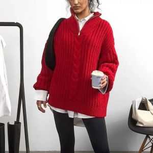 Pullover Red Pullover Frauen Reißverschluss Jacquard Turtleneck Herbst Winter Pullover Knit Elastic Pullover lässig dicke lose warme Y2K -Springer