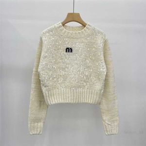 designer Nanyou High Edition 23 AutumnWinter New Miu Family Bead Knitted Sweater Letter Short Fit Slimming Knitted sweater XHPL