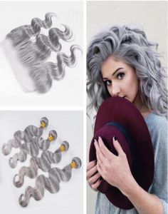 Silvergrå färgat mänskligt hår 4buntar med spets frontala 13x4 malaysiska jungfruliga kroppsvåghair weft 4st med öra till öra frontal9048324206