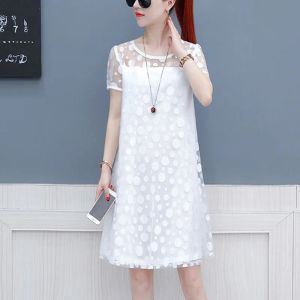 Dress Elegant Lace Spliced Loose Polka Dot Sexy Dress Women's Clothing 2023 Summer New Oversized Short Sleeve Office Lady Mini Dress