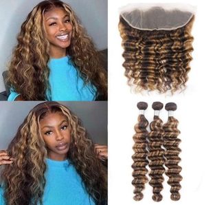 Ishow Transparent Lace Frontal Highlight Loose Deep Human Hair Bundles with Closure Body Wave 34 Pcs Straight Kinky Curly for Wom76159199